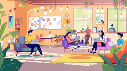 A group of people are sitting in a room with a white board on the wall