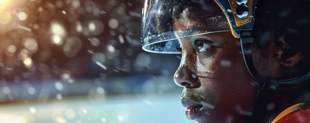 Portrait of afro women hockey player in action,  active healthy lifestyle banner. Generative AI.