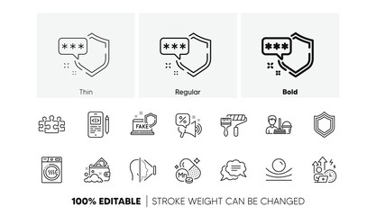 Phone code, Dryer machine and Paint roller line icons. Pack of Shield, Puzzle, Text message icon. Face id, Discounts offer, Elastic material pictogram. Manganese mineral, Security. Line icons. Vector