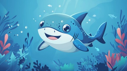 Fototapeta premium underwater cartoon illustration, cute and playful blue shark cartoon swimming in a simple ocean scene, ideal for kids underwater design