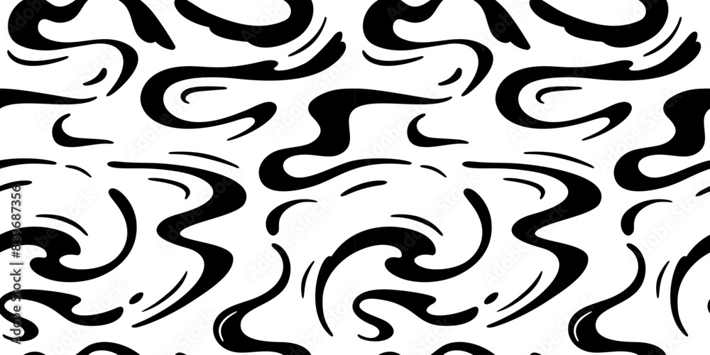 Poster Seamless Pattern with Swirl Water Ripple Splashes. Vector Abstract Black and White Waves.