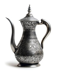 An antique Arabic coffee pot with a white background, isolated on the left side of an empty space