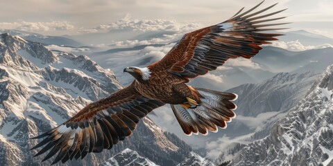 Eagle in Flight Above Mountain Peaks