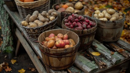 farm harvest bounty, baskets brimming with fresh vegetables from the outdoor harvest, getting ready for a delightful thanksgiving day meal in a rustic setting