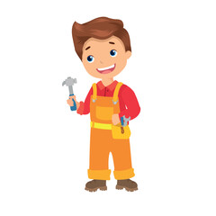 Boy builder in yellow overalls holding hammer