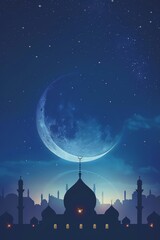 Naklejka premium Islamic background with the crescent moon and mosque silhouette