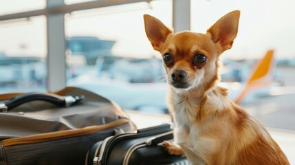 Chihuahua dog patiently waits beside luggage at airport for its upcoming flight departure