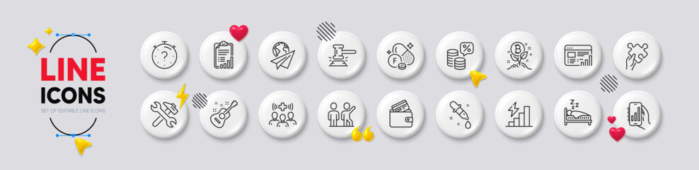 Checklist, Fluorine mineral and Quiz line icons. White buttons 3d icons. Pack of Web report, Medical staff, Teamwork icon. Bitcoin project, Debit card, Sleep pictogram. Vector