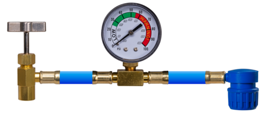 Air conditioning filling hose with pressure gauge and connectors on an isolated background.