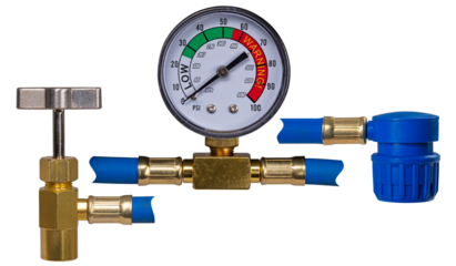 Air conditioning filling hose with pressure gauge and connectors on an isolated background.