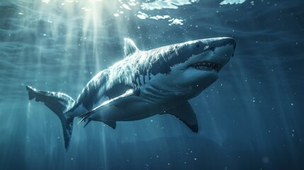 Fototapeta premium majestic giant shark gracefully gliding through deep blue waters, showcasing the beauty of oceanic wildlife