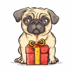 Cartoon sketch style pug icon holding a gift box on a white background, cute dog illustration