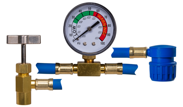 Air conditioning filling hose with pressure gauge and connectors on an isolated background.