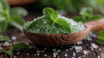 stevia granules on a wooden spoon, promoting healthy sweetening for diet-friendly dishes