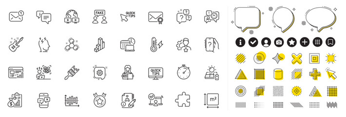 Set of Verified mail, Web report and Cogwheel line icons for web app. Design elements, Social media icons. Difficult stress, Chemistry molecule, Brand icons. Vector