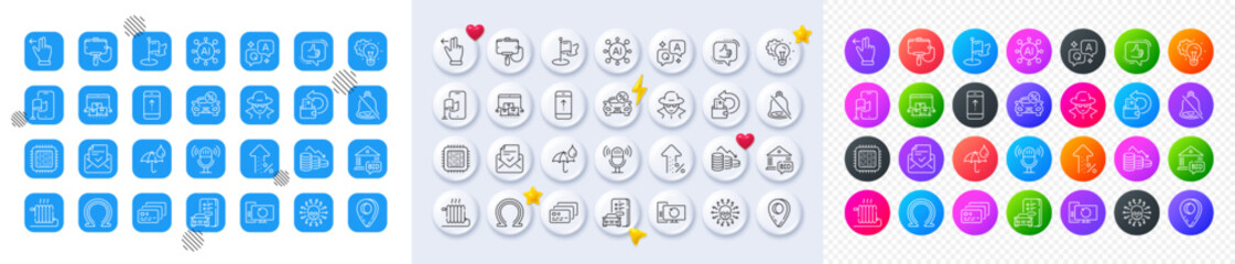 Fraud, Increasing percent and Idea gear line icons. Square, Gradient, Pin 3d buttons. AI, QA and map pin icons. Pack of Waterproof umbrella, Radiator, Milestone icon. Vector