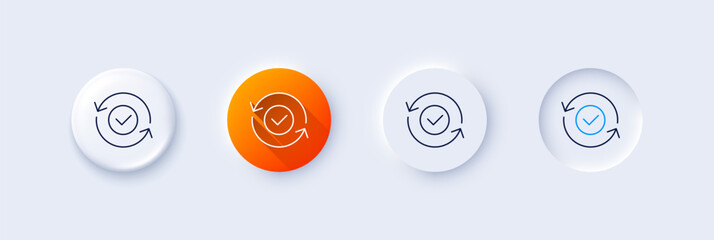 Security confirmed line icon. Neumorphic, Orange gradient, 3d pin buttons. All day cyber defence sign. Private protection symbol. Line icons. Neumorphic buttons with outline signs. Vector