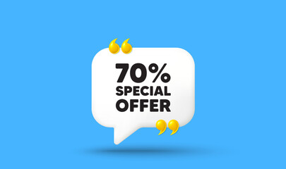 70 percent discount offer tag. Chat speech bubble 3d icon with quotation marks. Sale price promo sign. Special offer symbol. Discount chat message. Speech bubble banner. White text balloon. Vector