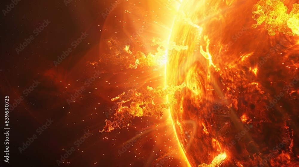 Aufkleber massive solar flare bursting from the sun's surface with fiery streams of plasma. the powerful solar