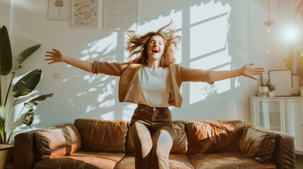 A cheerful woman dances on a sofa in a bright living room. Young woman having fun at home in the living room. Concept of fun, relaxation.