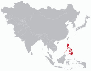 Highlighted red map of PHILIPPINES inside grey detailed blank political map of Asia on light blue background, without the Middle East and Russia