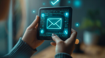  a focus on the 'Sending e-Mail' process. There's a prominent 'Send' button in a teal color, with a cursor icon indicating it's clickable. Above the button, there's a graphic representation of an mail