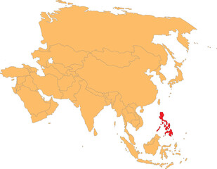Highlighted red map of PHILIPPINES inside orange detailed political map of Asia using orthographic projection on transparent background
