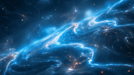 
A vibrant and dynamic blue nebula-like formation. Swirling patterns of light and energy dominate the scene, with bright streaks and trails intertwining.