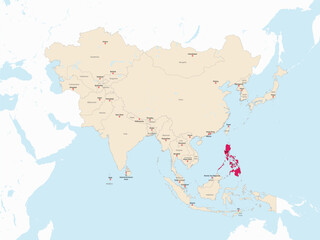 Highlighted red map of PHILIPPINES inside light red detailed political map of Asia using orthographic projection on white and blue background