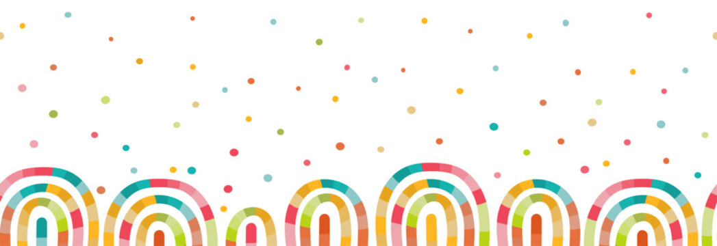 A vivid and artistic vector seamless border frame set against a white background. Colorful polka dots intermingle with whimsical warped figures, creating a playful and cheerful mood.
