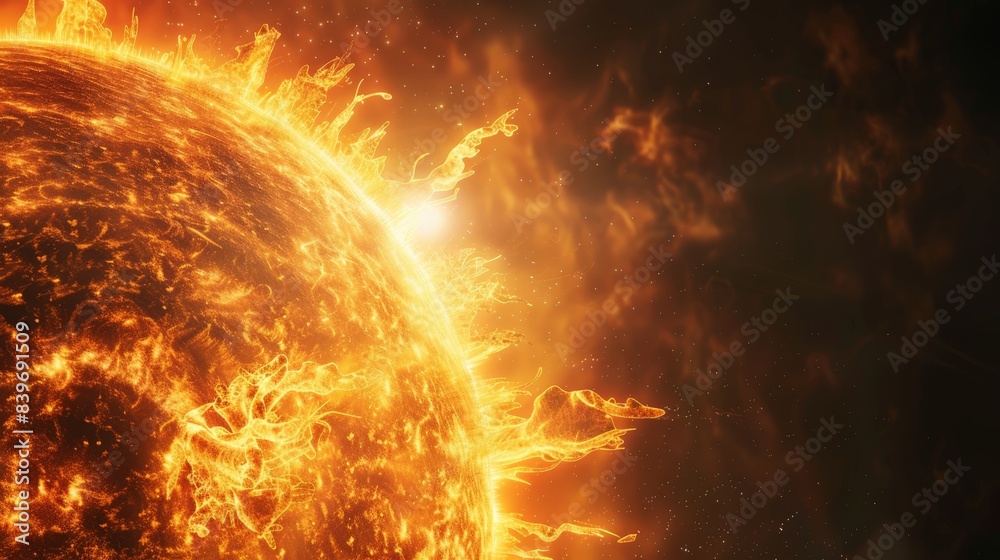 Poster spectacular solar flare activity on the sun's surface with intense magnetic storms. the sun's dynami