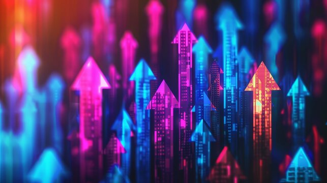 Vibrant digital arrows pointing upwards, symbolizing business growth and financial success. Perfect for themes of technological advancement and positive momentum