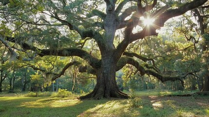   A large oak tree's branches let the sun shine onto a grassy field with surrounding trees in view