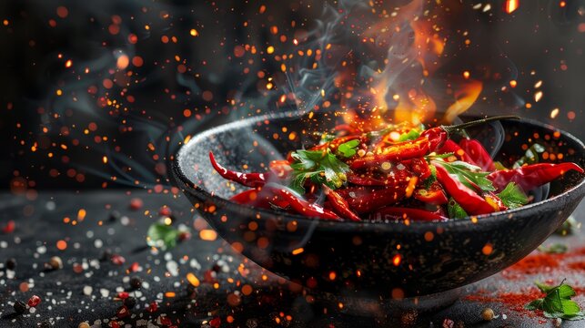 Hot and spicy dish with chili peppers and herbs in a black bowl, highlighted by fiery sparks. Perfect for themes of spicy cuisine and dynamic food photography