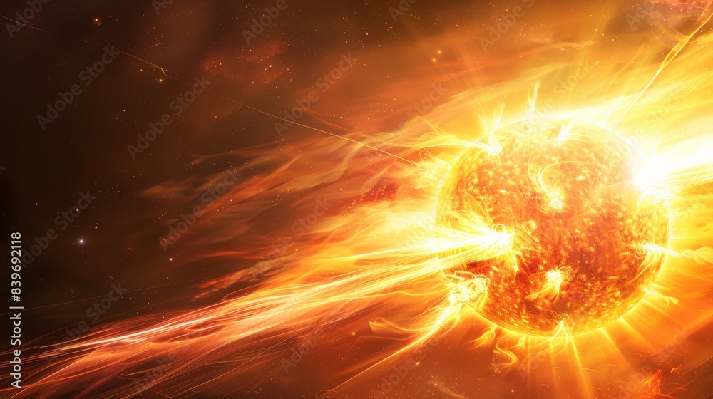 Poster bright solar flare erupting from the sun with streams of plasma and intense light. illustrating the 