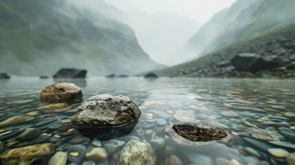 Fototapeta premium Stones in a clear mountain stream with a misty backdrop, illustrating the peaceful and captivating scenery. Perfect for nature and landscape imagery