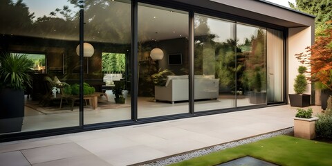 Obraz premium Modern glass sliding doors provide a spacious entrance with ample copy space. Concept Glass Sliding Doors, Modern Design, Spacious Entrance, Copy Space