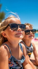 Two little girls wearing sunglasses sitting on the beach. Generative AI.