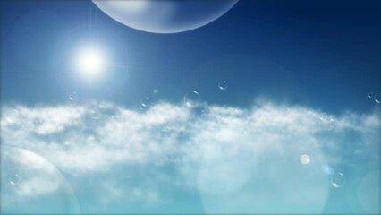 Bubbles floating in blue sky as wallpaper, decor and background. Abstract motion concept for freedom, fun and entertainment. Happy invitation with clouds, movement and reflection