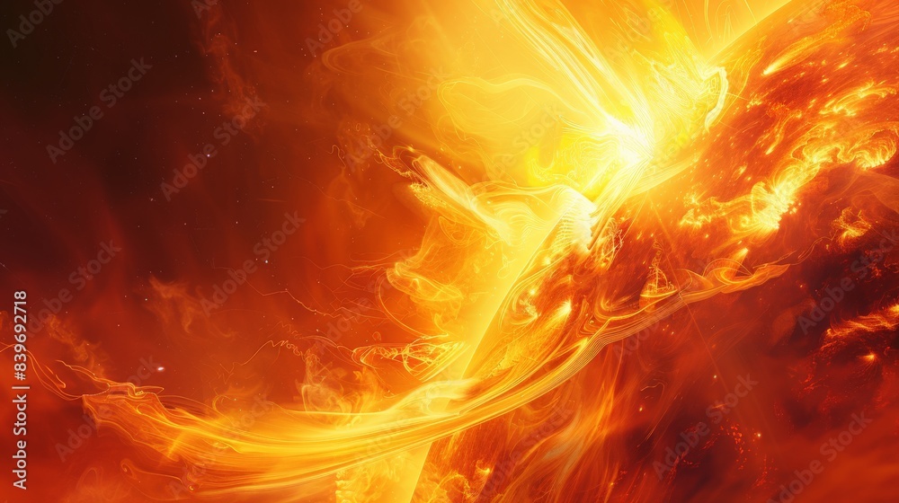 Poster vibrant solar flare erupting with intense plasma streams and bright fiery light. depicts the powerfu