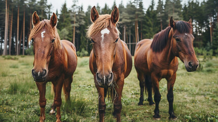 Obraz premium Three brown horses in the grassy pasture graze on green meadows against the background of forest trees.