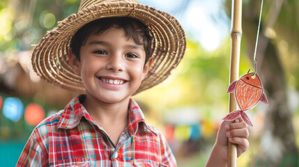 Uma criança feliz em uma festa junina brasileira usando camisa xadrez vermelha e chapéu de palha segurando uma vara de pescar de bambu com um peixe de papel desenhado
