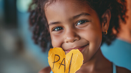 Close up de uma menina segurando um coração amarelo de papel com a palavra PAI para comemorar o dia dos pais
