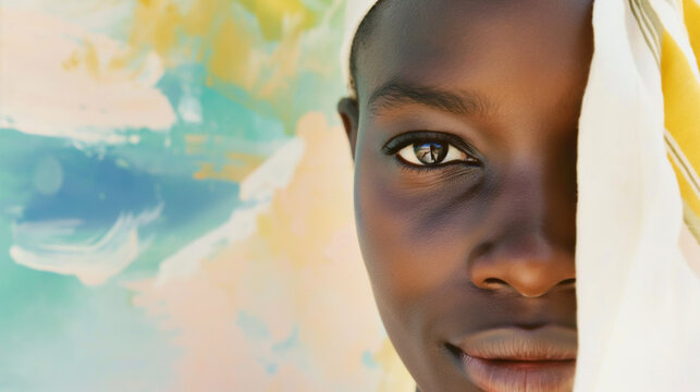 Close-up de uma mulher negra com olhar fixo e fundo de uma pintura a &oacute;leo