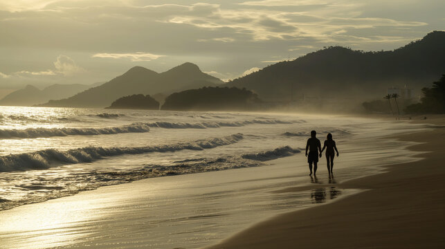 Silhueta de duas pessoas caminhando em uma praia no fim da tarde