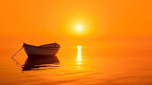 Um barco a deriva no bar durante o p&ocirc;r do sol