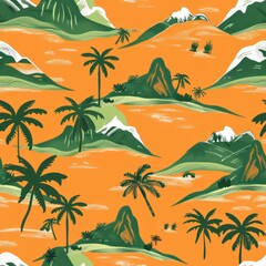 Obraz premium An orange and green pattern with palm trees, mountains and grassy hills
