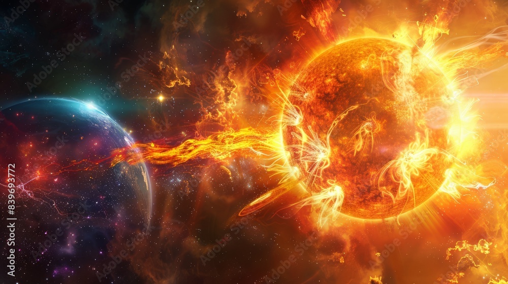 Poster spectacular solar flare with intense fiery plasma bursts and bright explosions. illustrates the powe