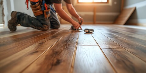 Close up of man construction worker with pencil in hand drawing mark on laminate wooden plank. Male worker preparing laminate boards for floor installation in apartment under renovation.