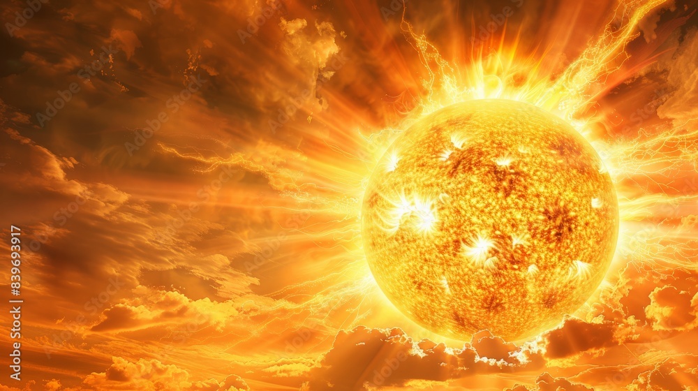 Poster Stunning image of the sun with intense solar flares and explosions. Showcasing the power of solar activity and its impact on space weather.